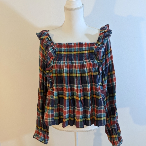 Free People Navy Sienna Plaid Long Sleeve Top - Picture 3 of 10